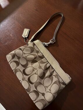 Coach Tan Signature Canvas Wristlet with Metallic Trim